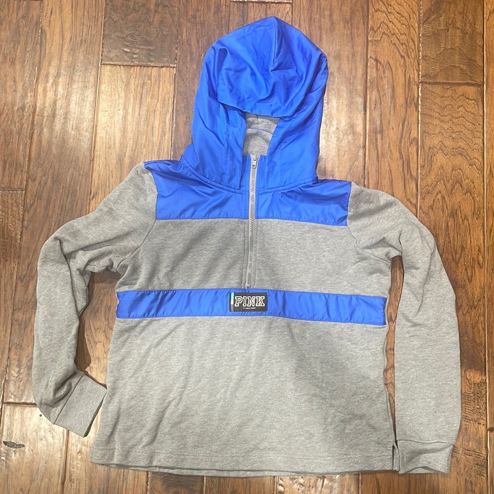 Pink Victoria secret blue and grey pull over hoodie. Size large